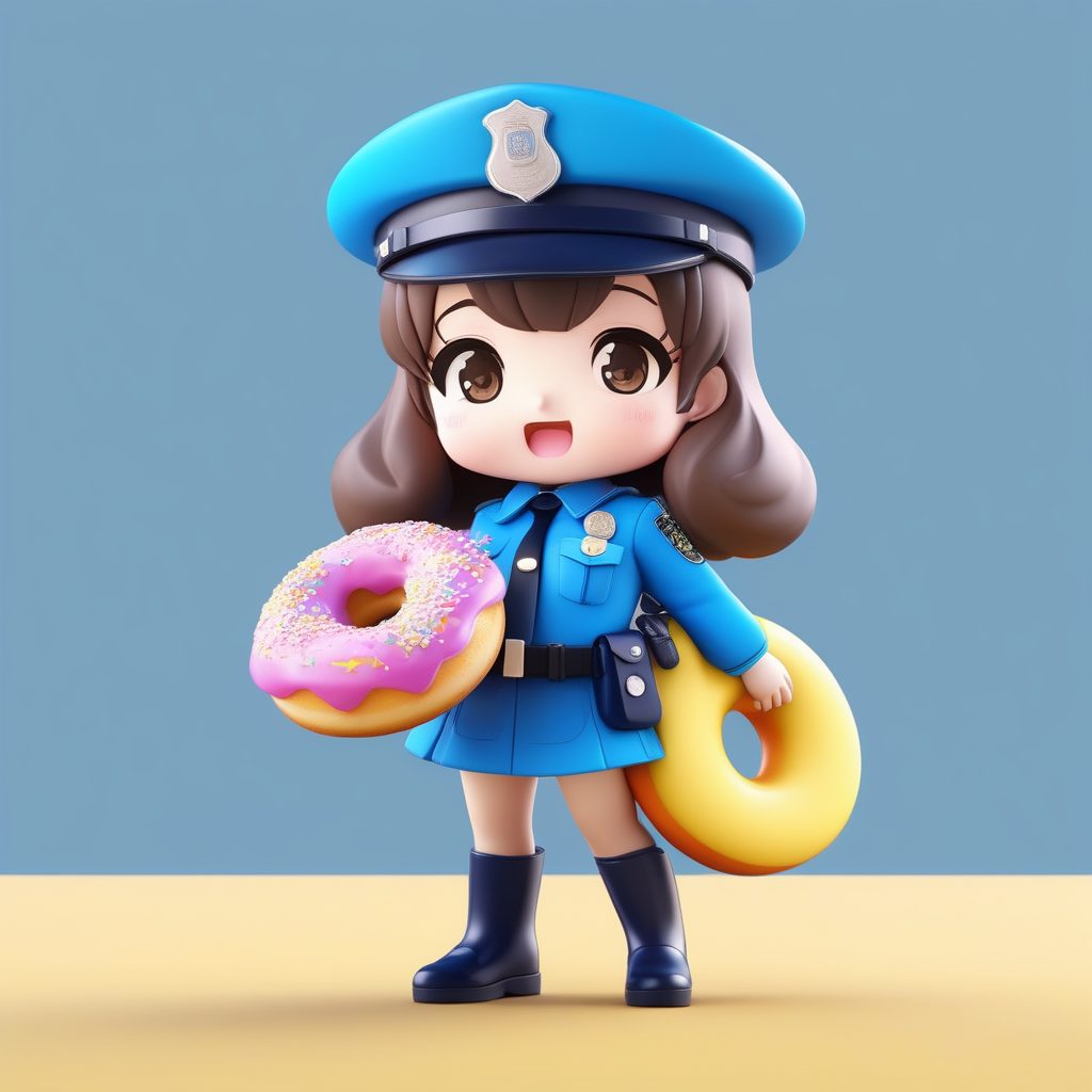 一个极简Q版粘土公仔：拿着甜甜圈的警察女孩
