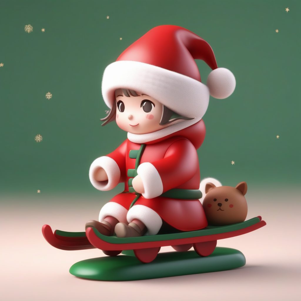 一个极简Q版粘土公仔：拿着雪橇的圣诞女孩