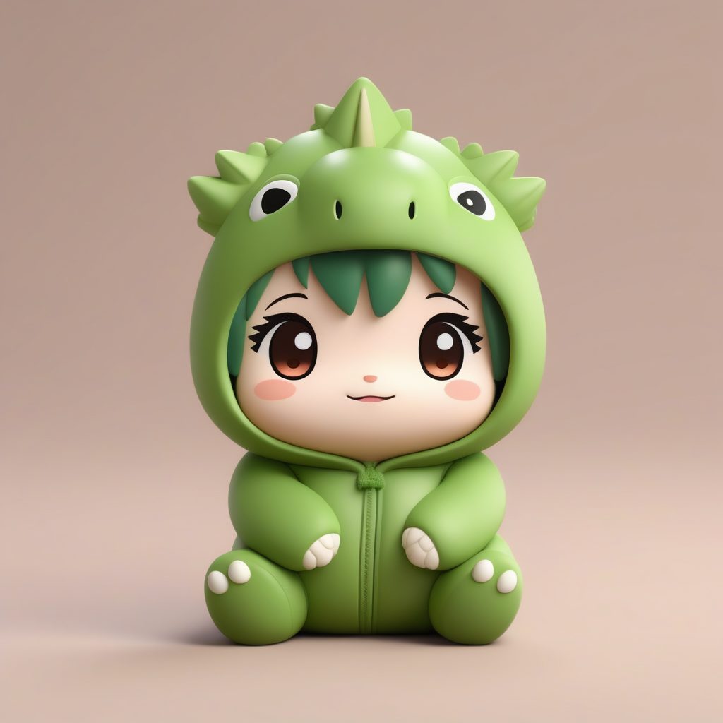 一个极简Q版粘土盲盒：穿着恐龙连体衣的女孩