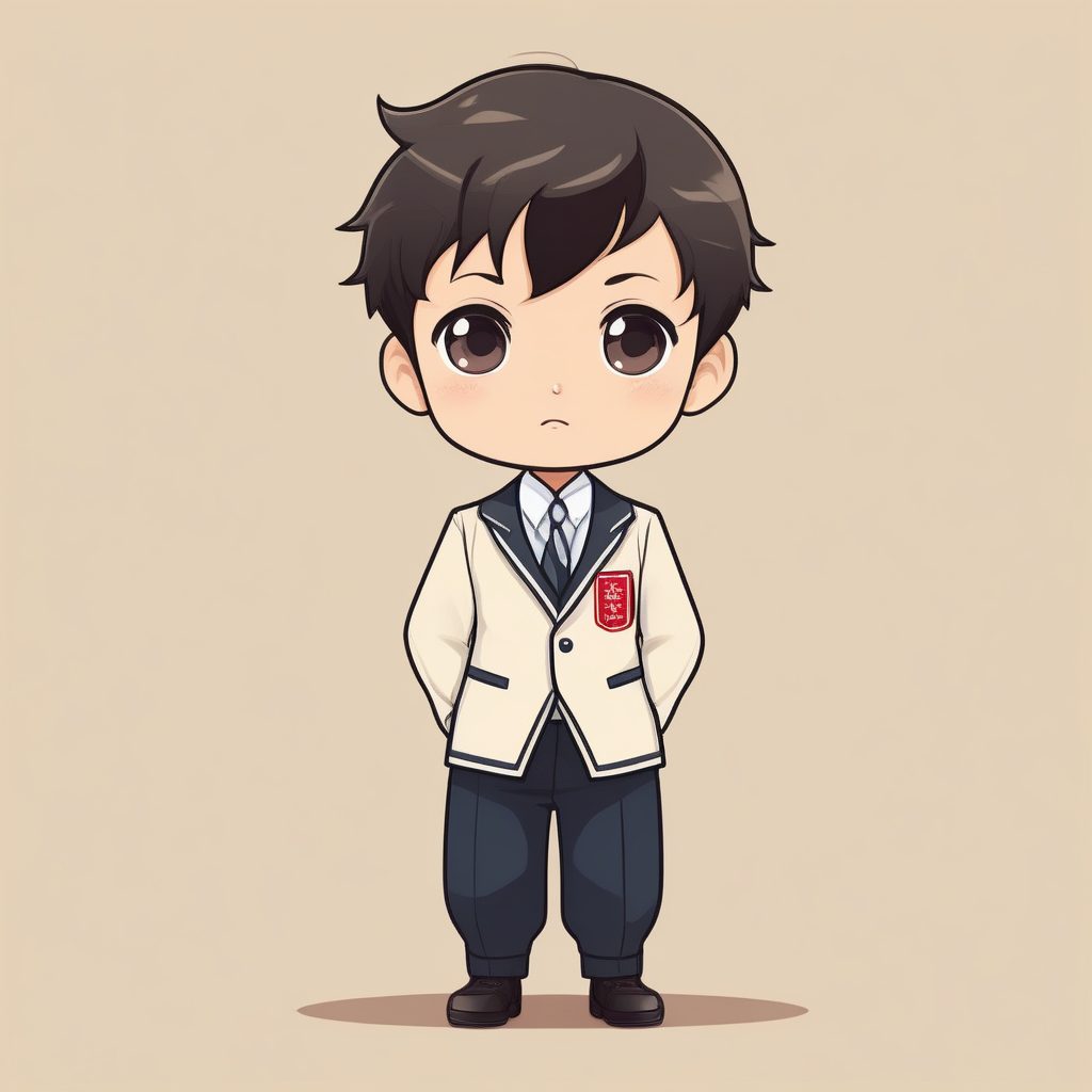 一个极简Q版日式校服男孩，奶油色纯背景