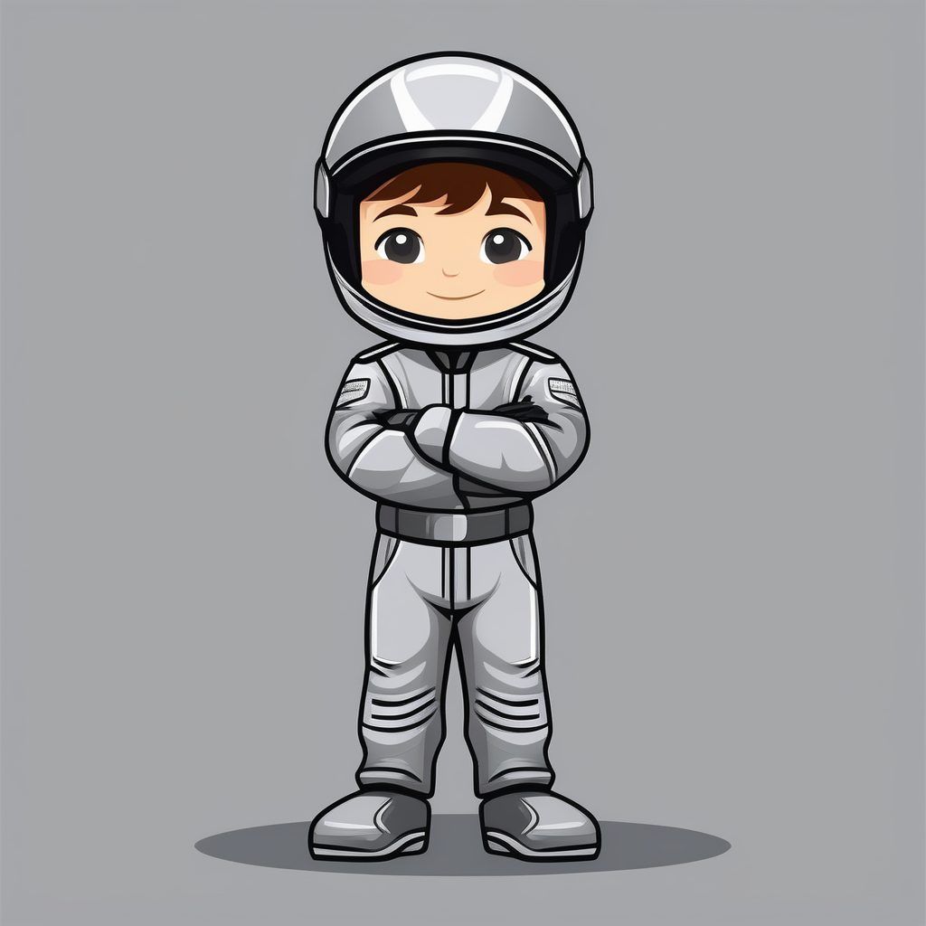一个极简Q版赛车手男孩，银灰色纯背景