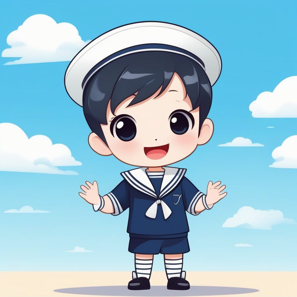 一个极简Q版水手服男孩,天蓝纯背景