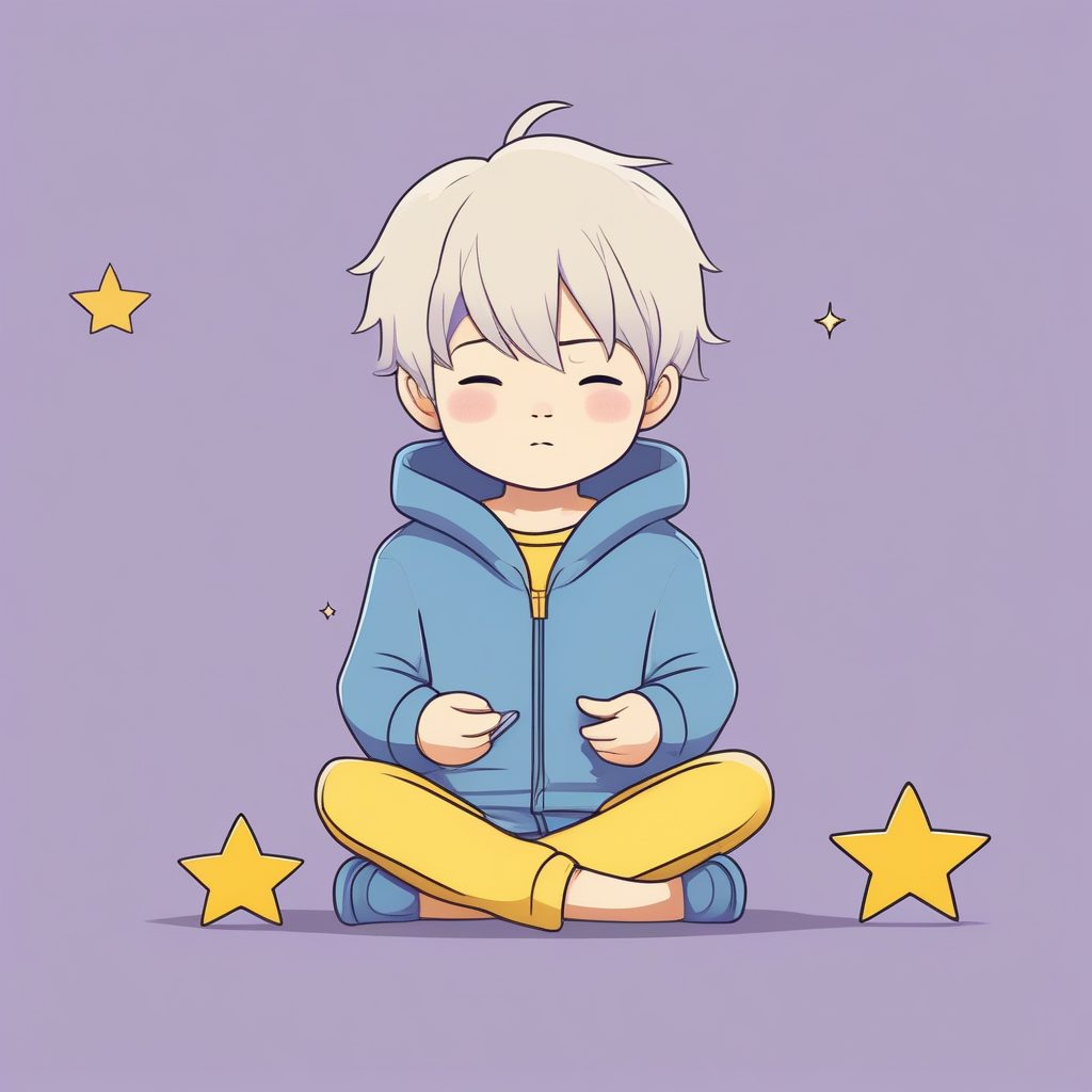 一个极简Q版睡衣男孩，全身坐姿手捧星星
