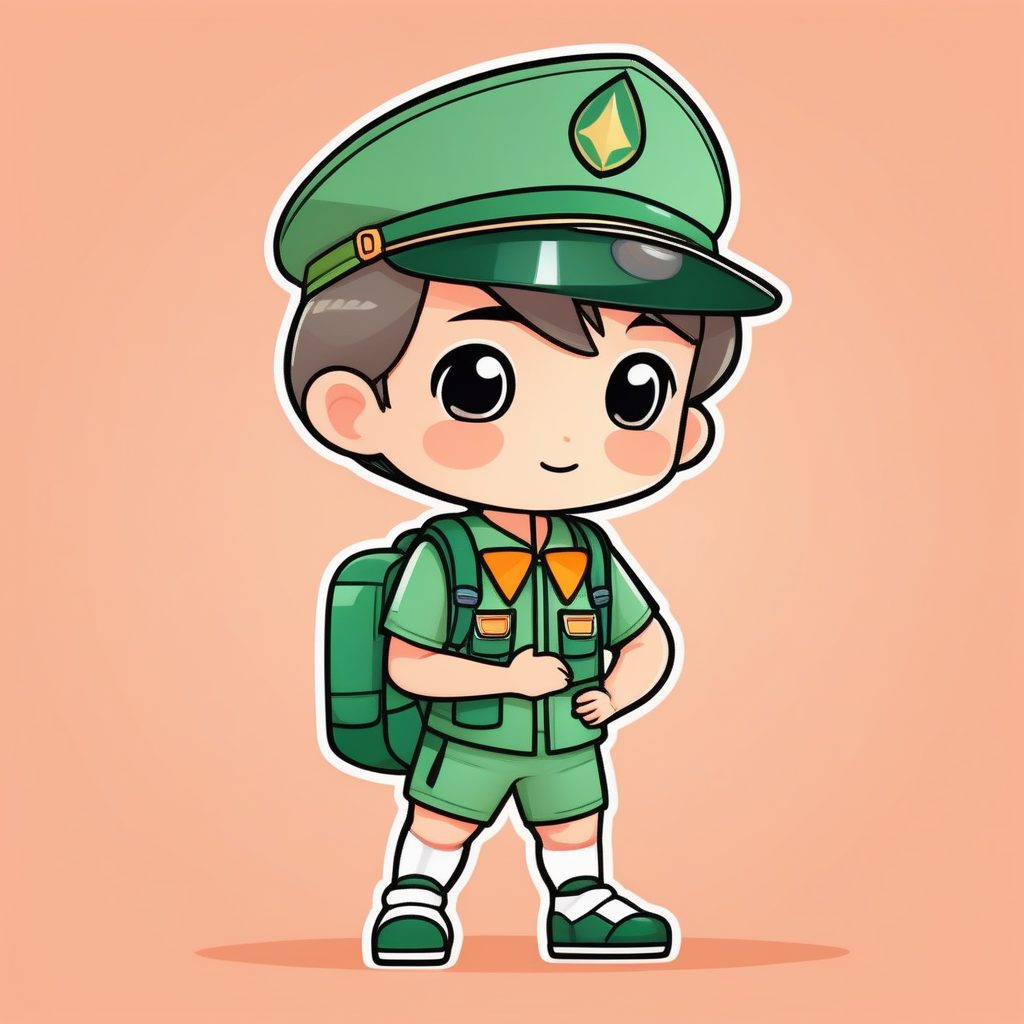 一个极简Q版童子军男孩，蜜桃色纯背景