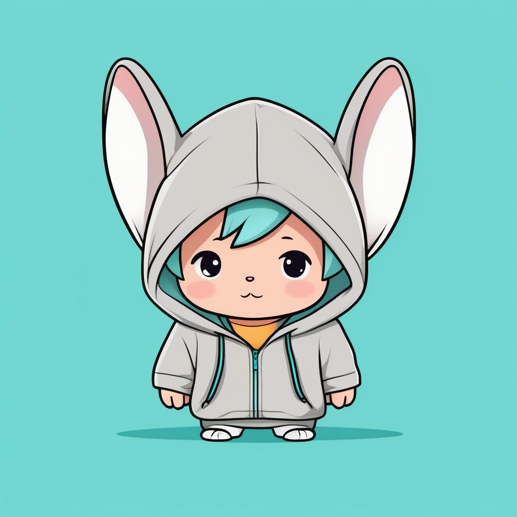 一个极简Q版兔耳连帽衫男孩，水绿色纯背景