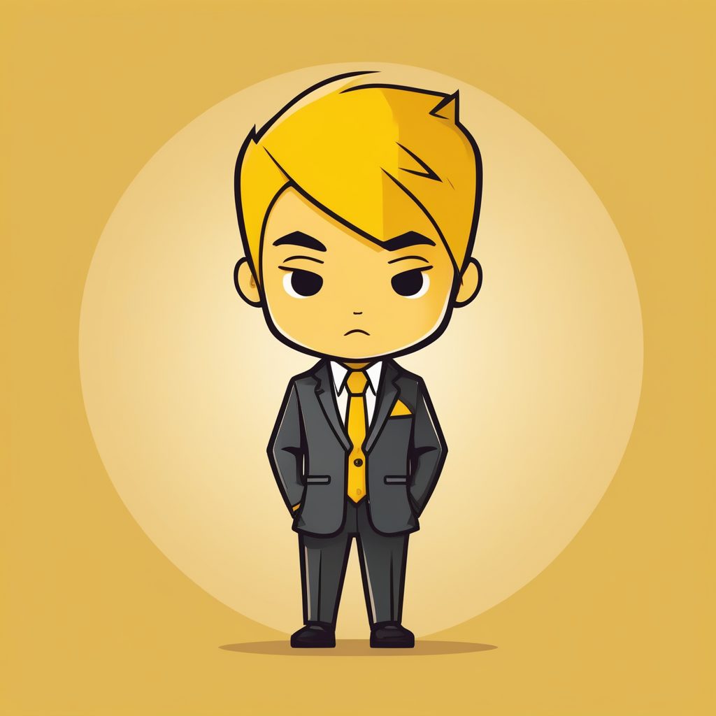 一个极简Q版西装男孩，芥末黄纯背景