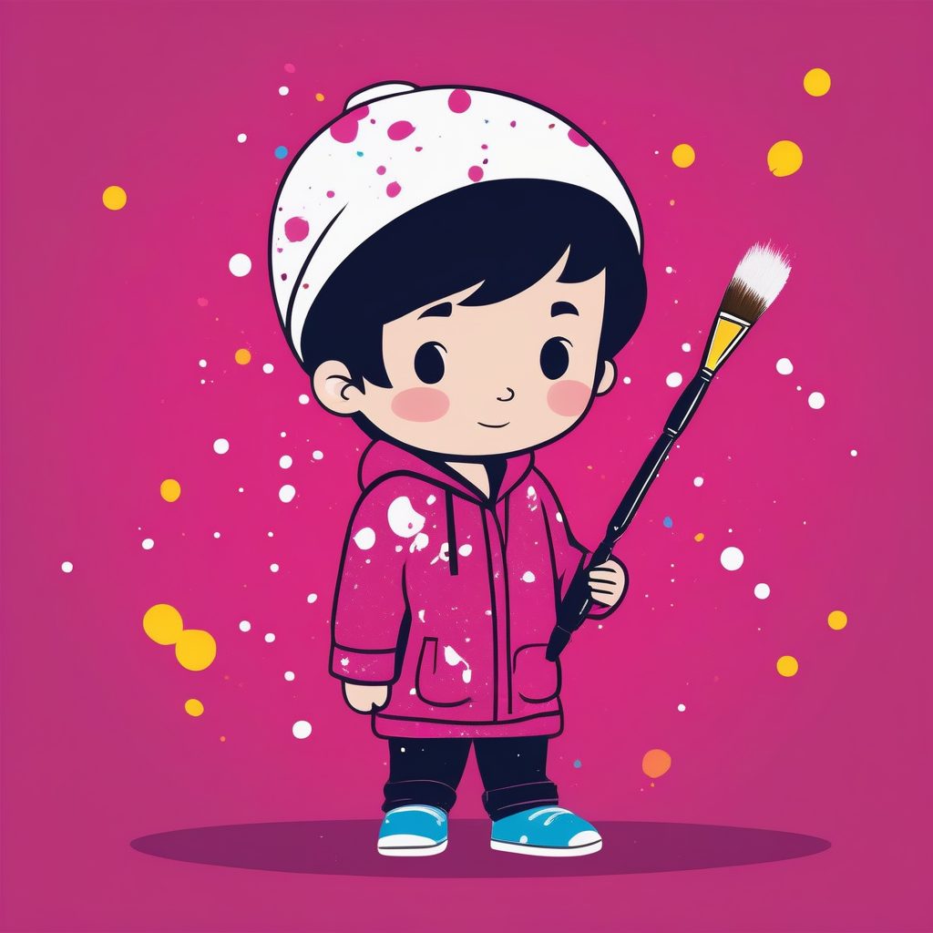 一个极简Q版小艺术家男孩，洋红色纯背景