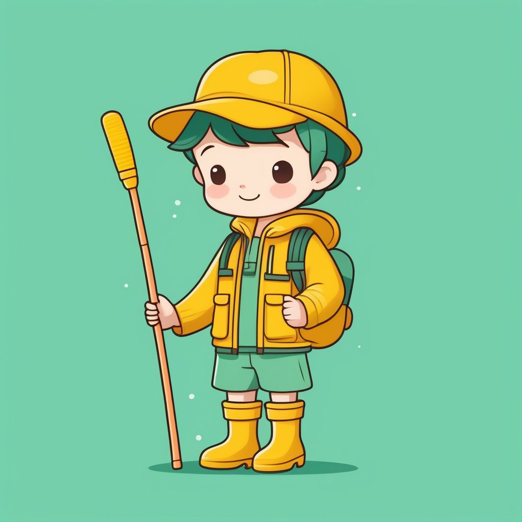 一个极简Q版渔夫男孩，海沫绿纯背景