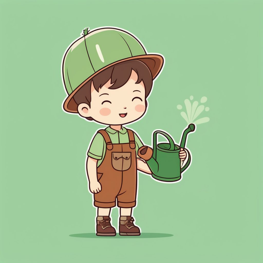一个极简Q版园丁男孩，浅绿色纯背景