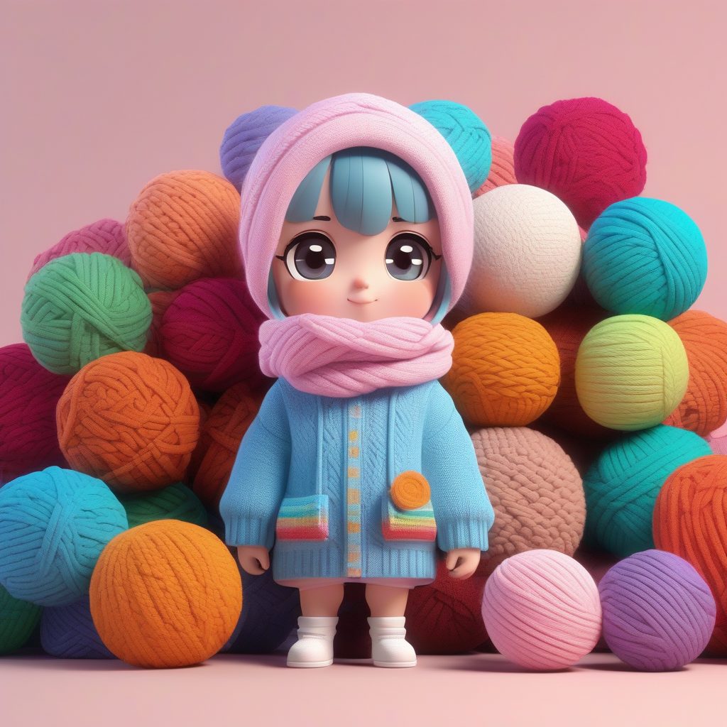 一个可爱粘土Q版毛线球编织女孩全身模型