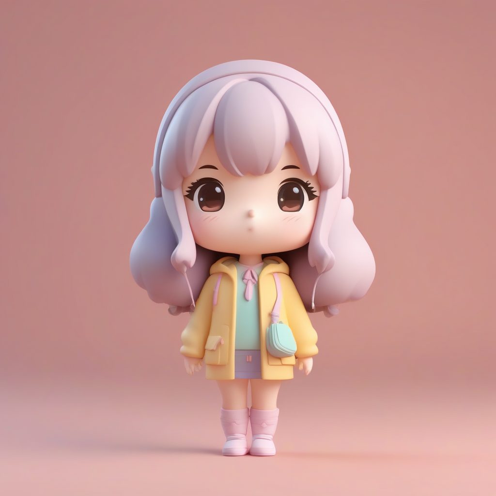 一个粘土质感的极简动漫卡哇伊Q版女孩 3D渲染纯色背景全身照