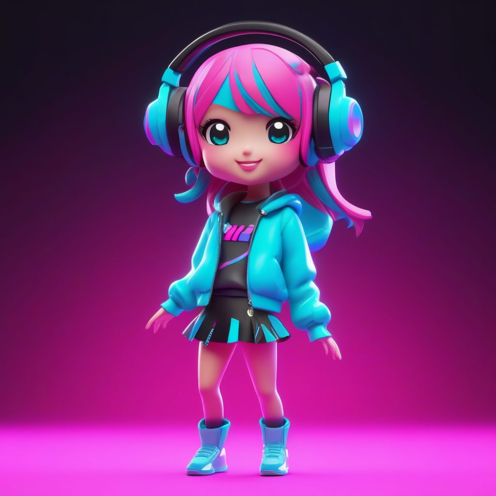 一个Octane渲染Q版粘土手办:戴着大耳机的DJ女孩