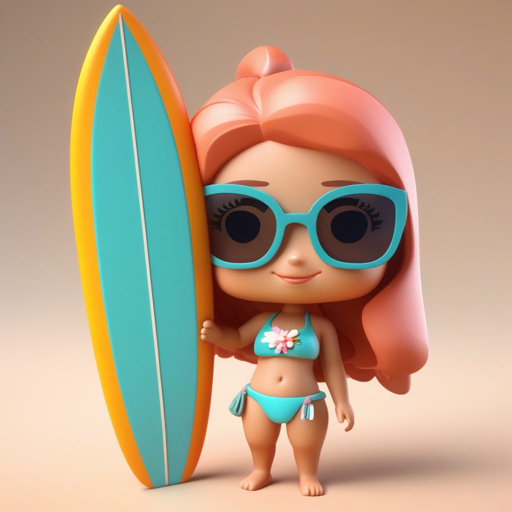 一个Octane渲染Q版粘土手办:拿着冲浪板的沙滩女孩