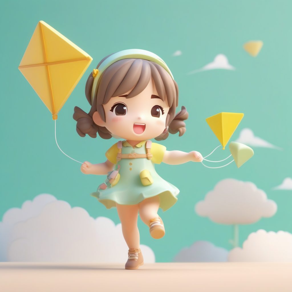 一个Octane渲染Q版粘土手办:拿着风筝的春日女孩