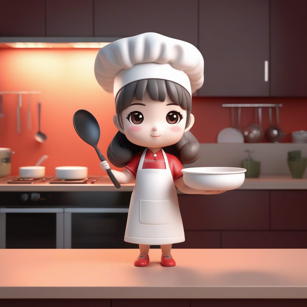 一个Octane渲染Q版粘土手办:拿着煎锅的小厨师女孩
