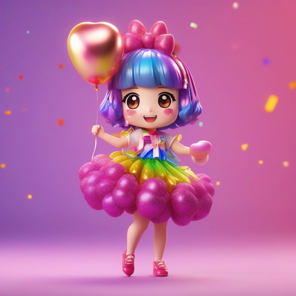 一个Octane渲染Q版粘土手办：拿着气球的派对女孩