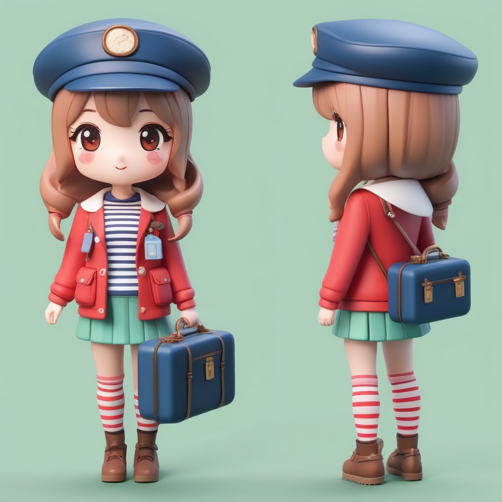 一个Octane渲染Q版粘土手办:拿着行李箱的旅行家女孩
