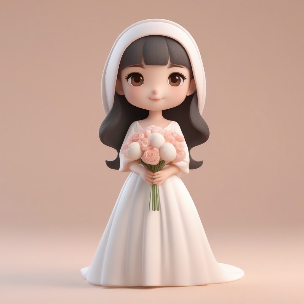 一个Octane渲染Q版粘土手办:拿着花束的新娘女孩