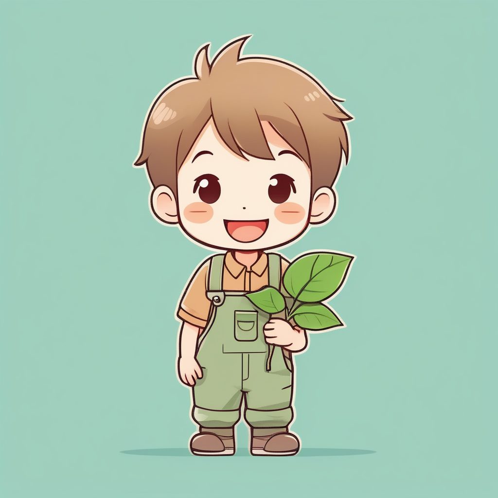 一个捧着小叶子的Q版极简风男孩全身照