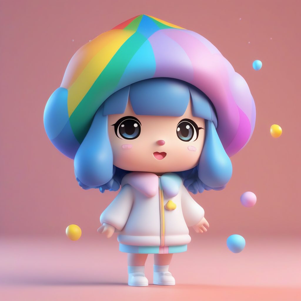 一只极简PopMart彩虹雨滴Q版女孩盲盒玩偶