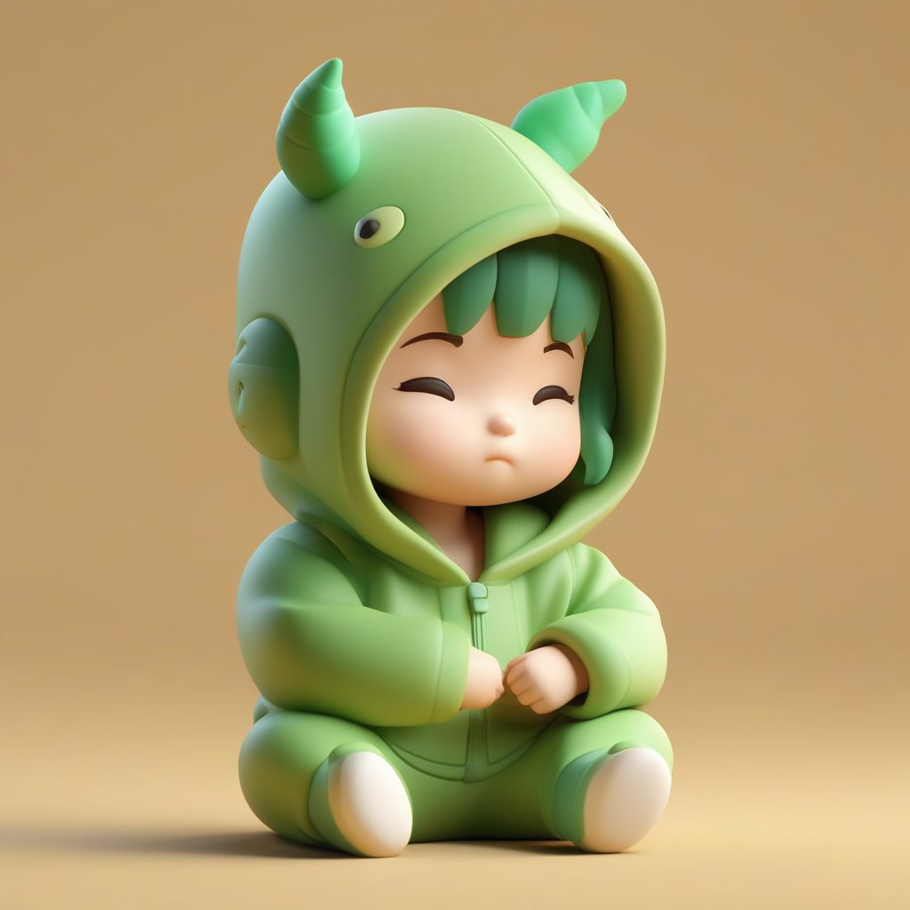 一只粘土材质Q版恐龙睡衣女孩全身手办