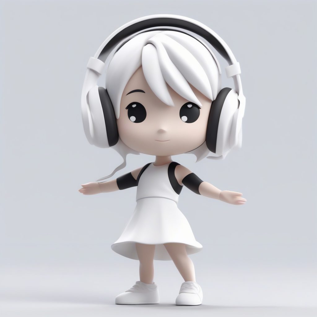 音符舞者Q版：优美旋转姿势，流动服装，干净纯白色背景