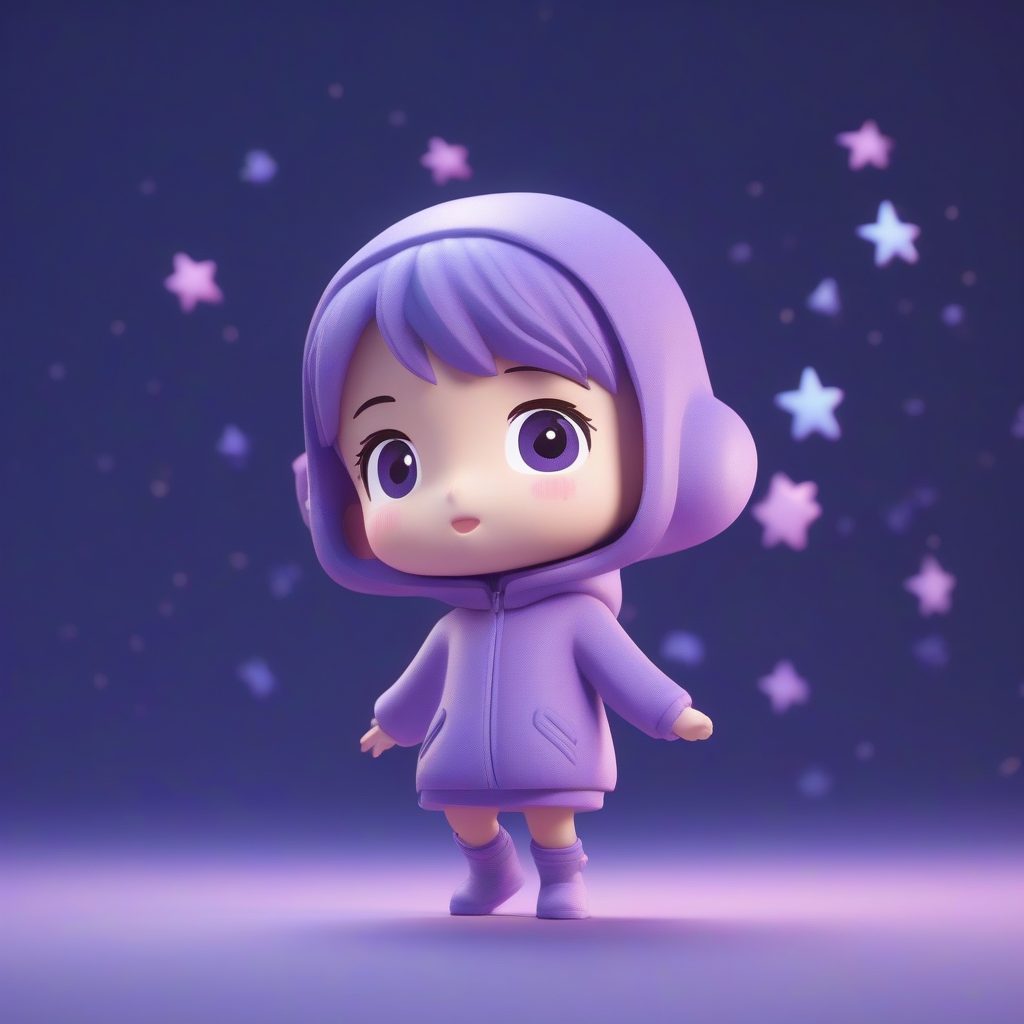 银河星空孩子：3D渲染Q版全身站姿，靛蓝色纯色背景