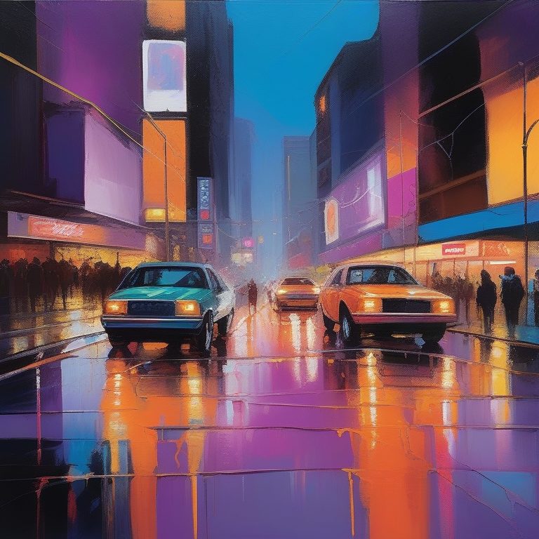 印象派抽象夜晚城市灯光与雨中街道