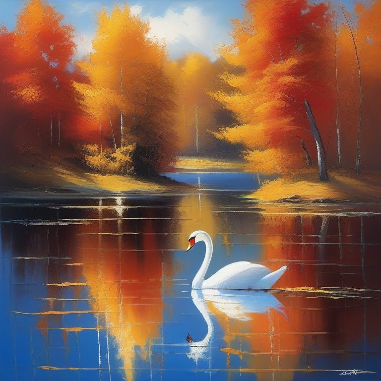 印象派风格的湖边秋天景致与白天鹅