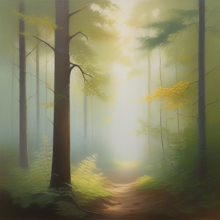 印象派风格下的树林中晨雾与晨光