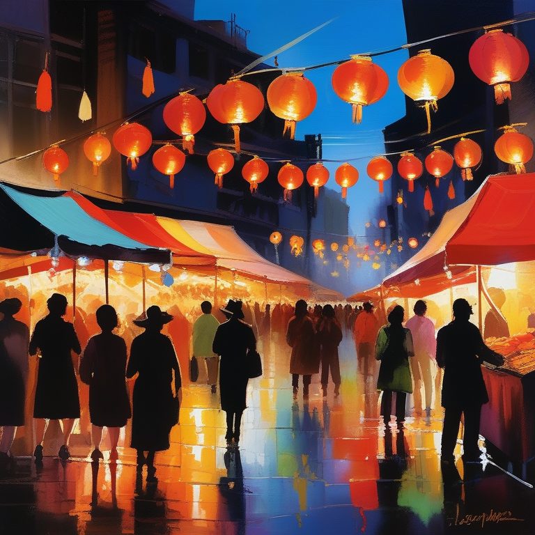 印象派暖光下的夜市街头风景