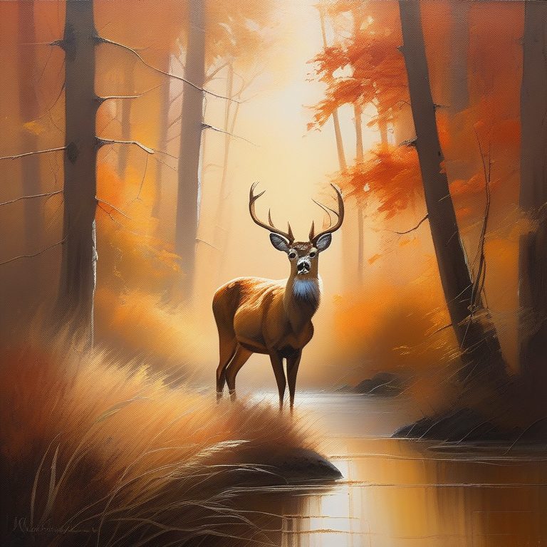 印象派暖色调森林鹿景观