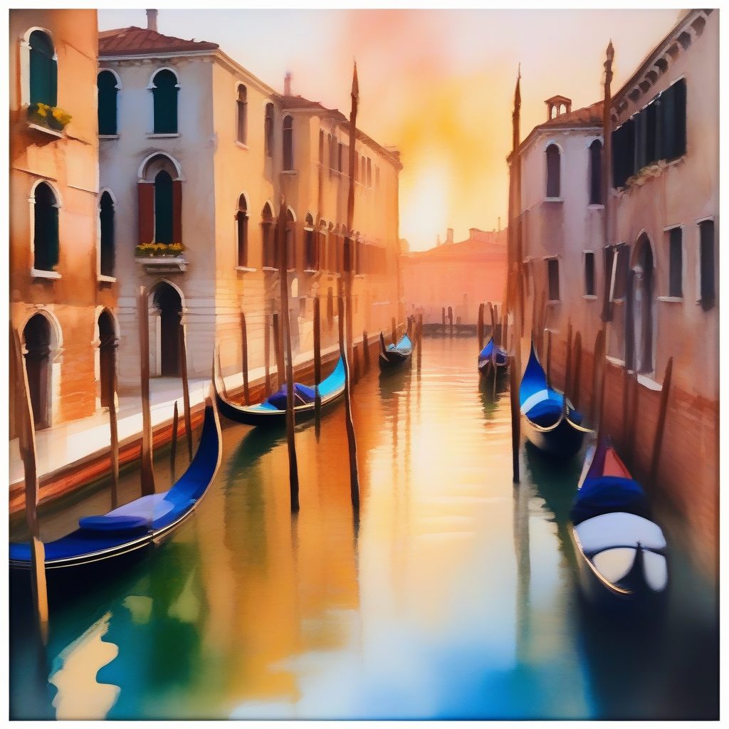 印象派水城：威尼斯日落运河模糊倒影水彩艺术提示词