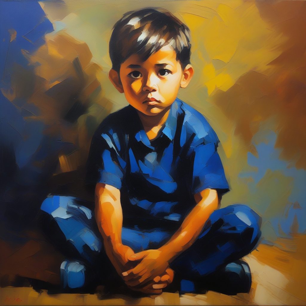 印象派写生:沉思中的Q版男孩全身油画提示词 1 印象派写生:沉思中的Q版男孩全身油画提示词