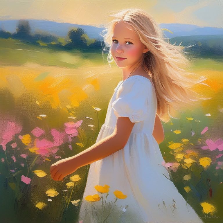 印象派油画风格下的金发小女孩与夏日花田