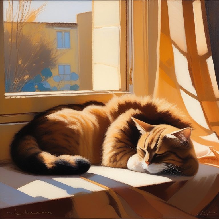 印象派油画风暖色调猫咪睡姿