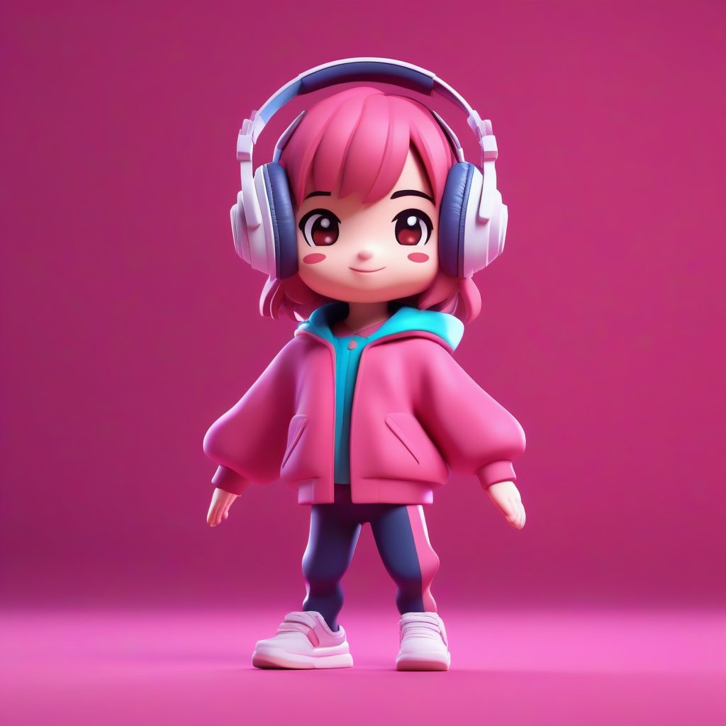音乐DJ Q版人物：戴耳机跳舞，纯亮粉色背景3D卡片