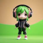 音乐律动Q版:C4D高光全身站立渲染,鲜亮草绿色纯色背景提示词 6 yin yue lyu dong q ban c4d gao guang quan shen zhan li xuan ran xian liang cao lyu se chun se bei