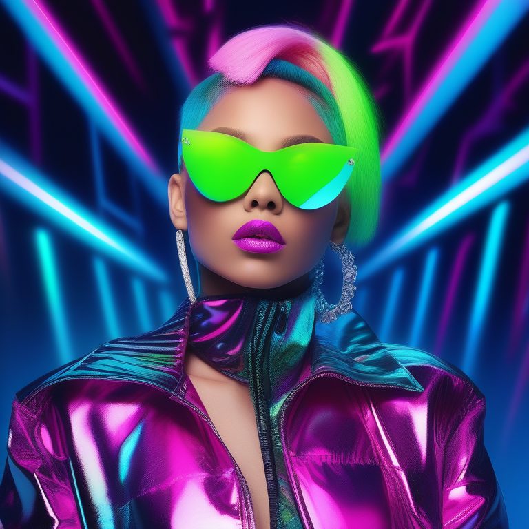 荧光Y2K时尚女孩肖像与炫彩背景