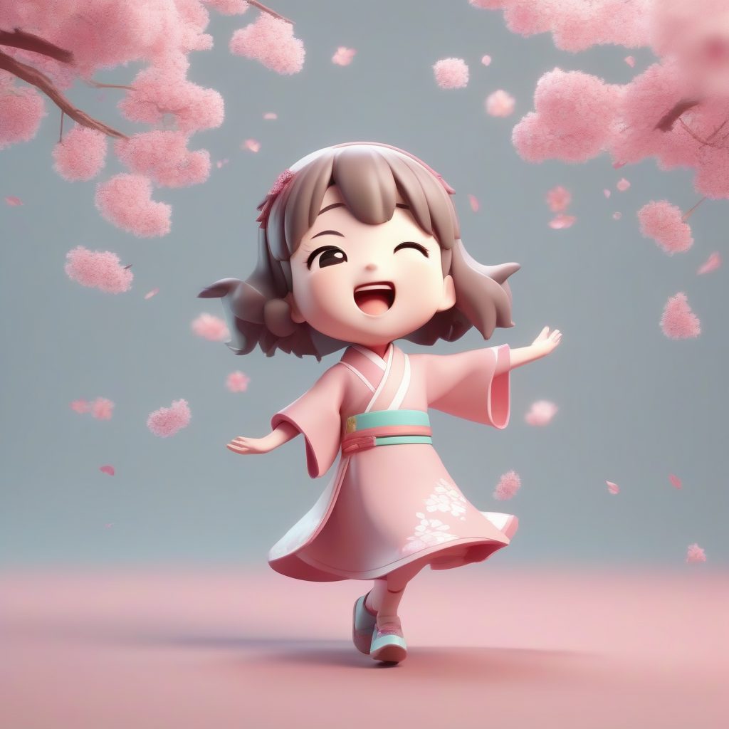 樱花粉旗袍的超萌Q版手办：悬浮欢呼姿势