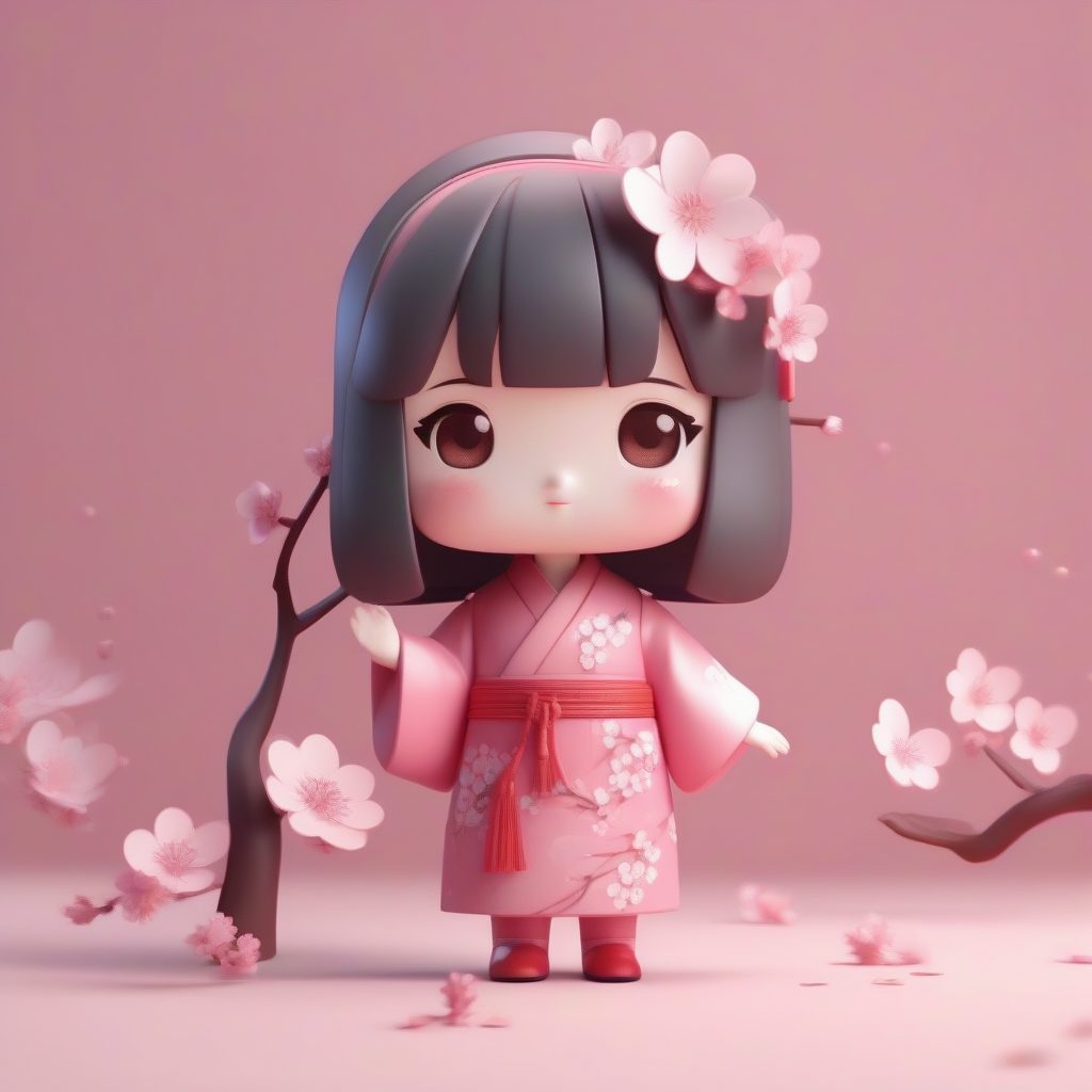 樱花粉旗袍的胜利:Pop Mart风格Q版少女,柔和光照8K细节