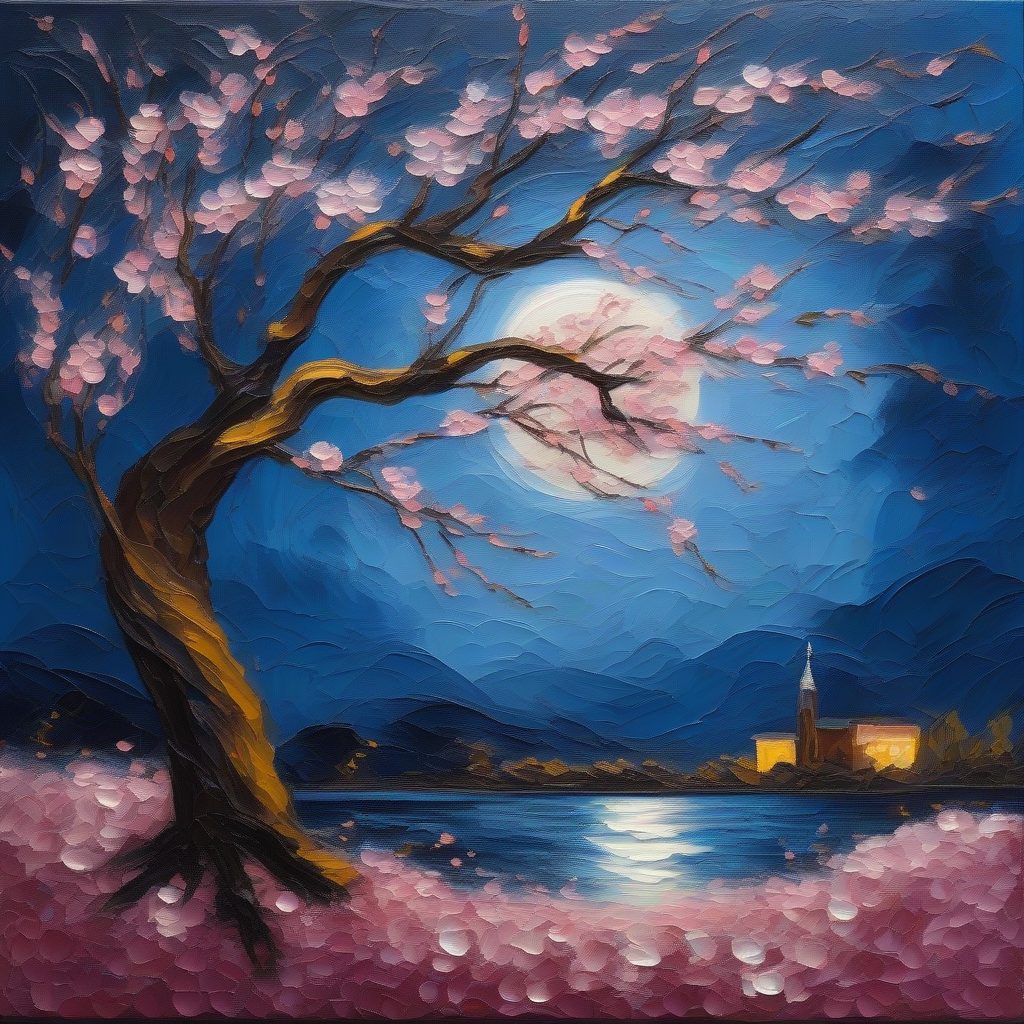 樱花与满月：浪漫主义色彩的漩涡夜景油画提示词