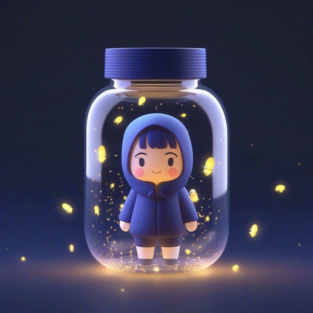 萤火虫罐Q版光影渲染：深靛色纯色背景下的闪耀全身照