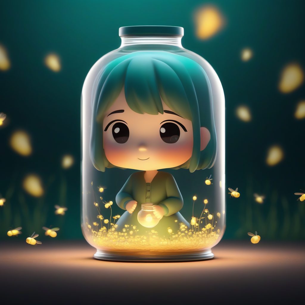 萤火虫罐收藏家：Q版女孩全身渲染，拥抱发光罐子，深蓝绿色背景