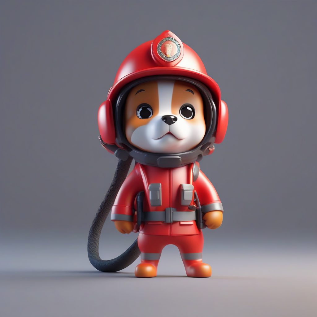 英雄消防员小狗：Octane渲染Q版全身图，亮红纯色背景