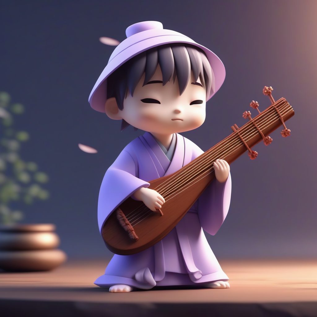 慵懒乐师Q版全身图：抱琵琶，淡紫色高细节渲染