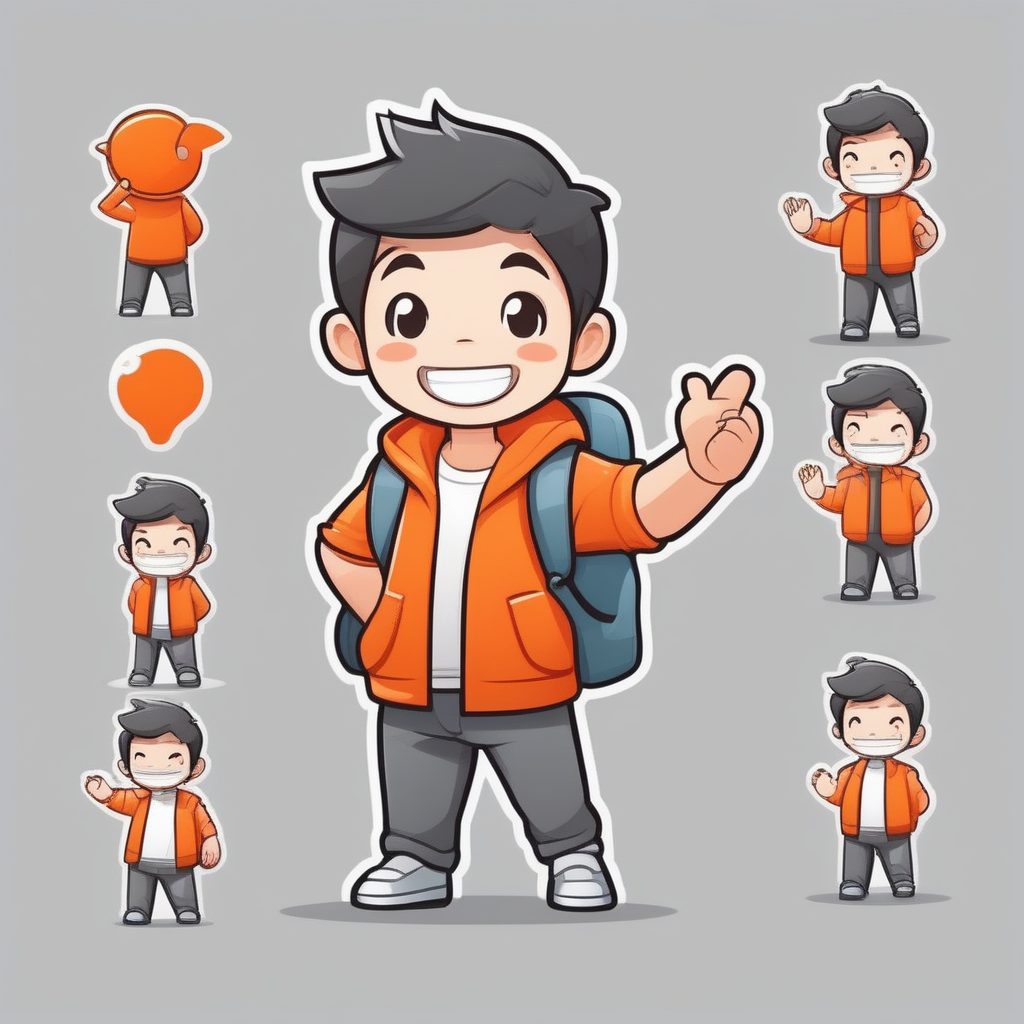友好问候：橙灰色调极简卡哇伊男孩全身插画
