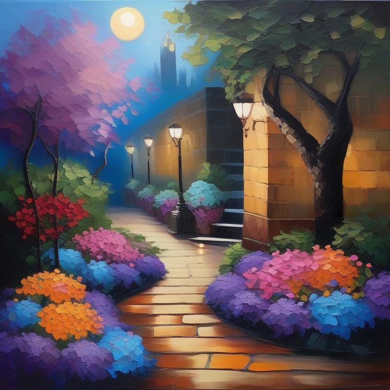 油画厚涂浪漫夜色花园场景