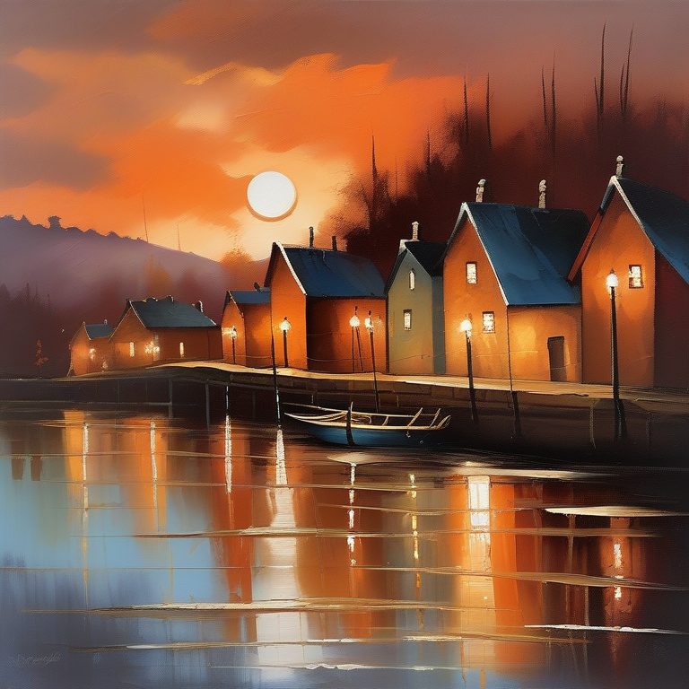 油画印象派风格暖色夜色河畔小镇