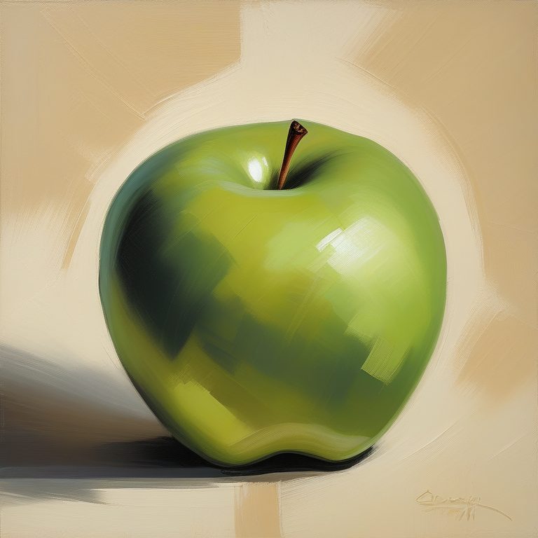 油画印象派极简静物:一颗青苹果